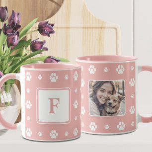 Mug Photo de patte de chien rose blanc monogramme