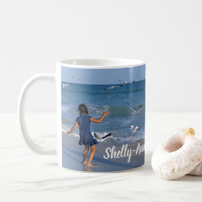 Mug Photo Moderne Blue Sea Beach Ajouter Votre Nom (Avec donut)