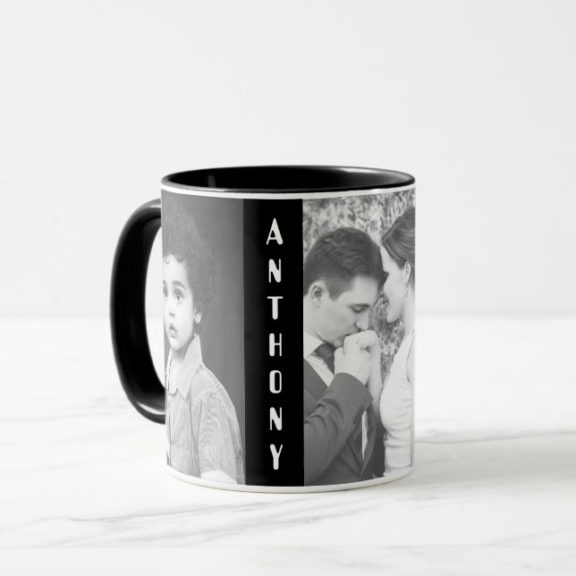Mug Photo noire et blanche faite sur commande et nom (Devant gauche)