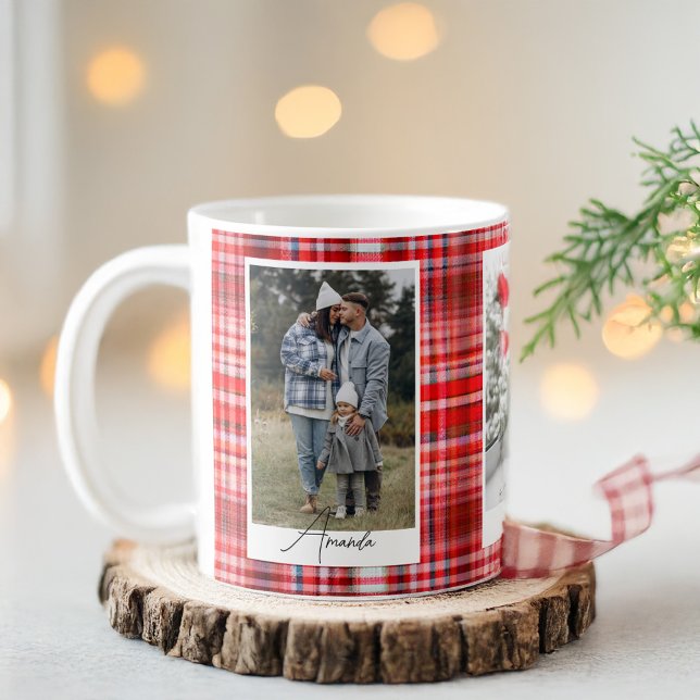 Mug Photos de la famille de la plie rouge et blanche (Cozy Red and White Plaid Flannel Family Photo Coffee Mug)