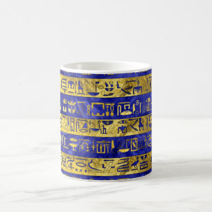 Mug Pierre bleue de motif égyptien d'or d'hiéroglyph