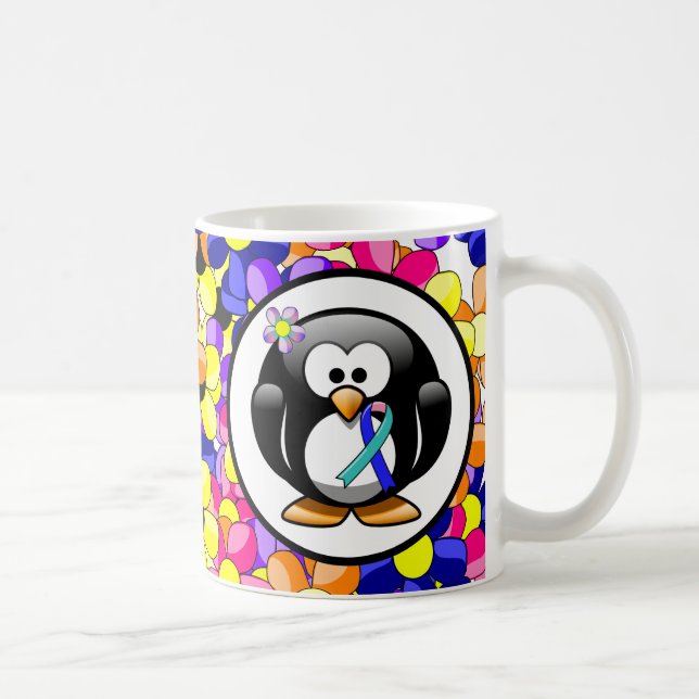 Mug Pingouin à ruban turquoise/rose/bleu (Droite)