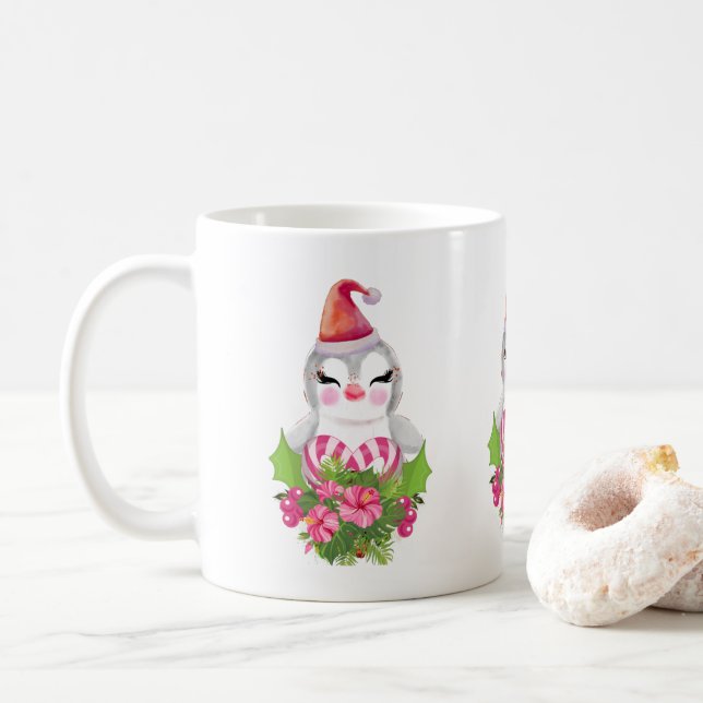 Mug Pingouin de Noël mignon à Santa Hat (Avec donut)