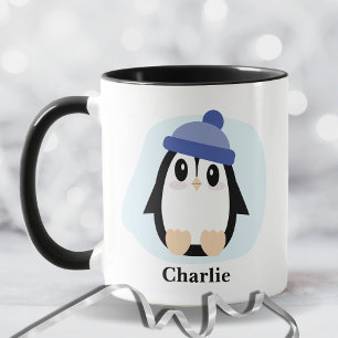 Mug Pingouin mignon avec Casquette bleu Noël
