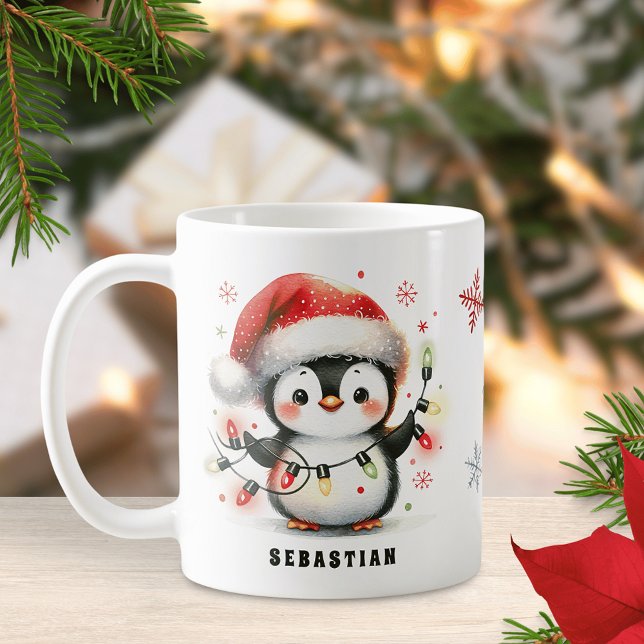Mug Pingouin mignon avec lumières Noël personnalisé (Créateur téléchargé)