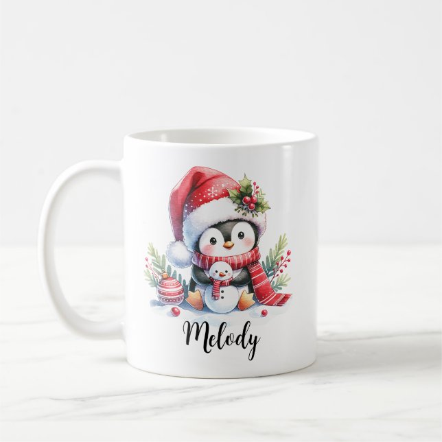 Mug Pingouin mignon en rouge Nom personnalisé Noël (Gauche)