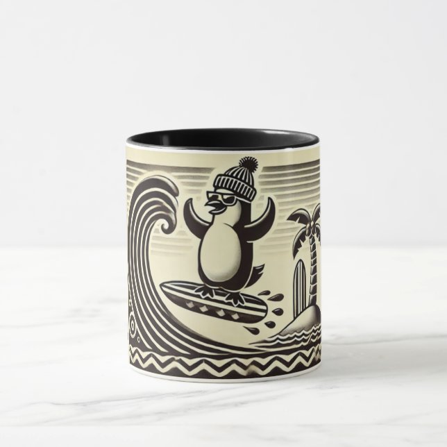 Mug Pingouin noir blanc attrape une vague (Centre)