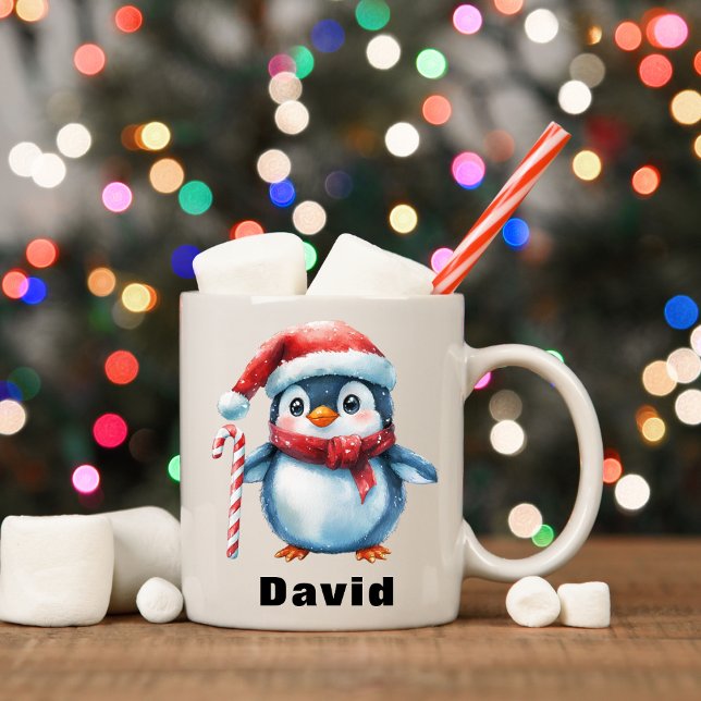 Mug Pingouin personnalisé avec nom personnalisé Sucre  (Personalized Penguin with Candy Cane Custom Name Coffee Mug)