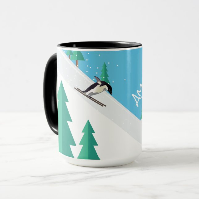 Mug Pingouin sportif amusant sur les pistes de ski Nei (Devant gauche)