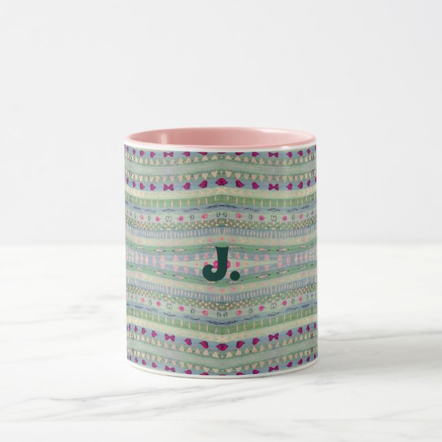 Mug Pink and Green Pretty Hearts Motif et une lettre (Centre)