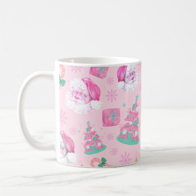 Mug Pink Christmas Santa Clau & Tree Seamless Pattern (Gauche)