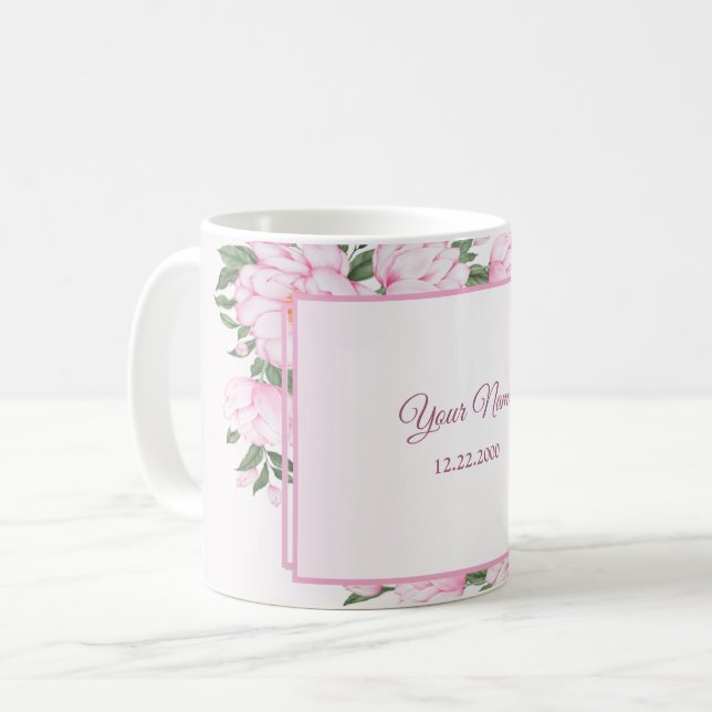 Mug Pink Floral Green Leaves Elegant Wedding Party (Devant gauche)
