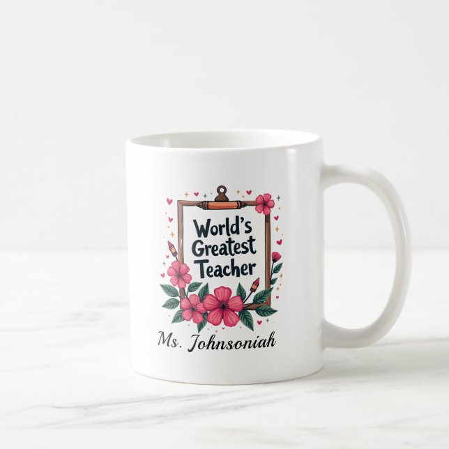 Mug Pink Floral Pencil Frame Worlds Greatest Teacher (Droite)