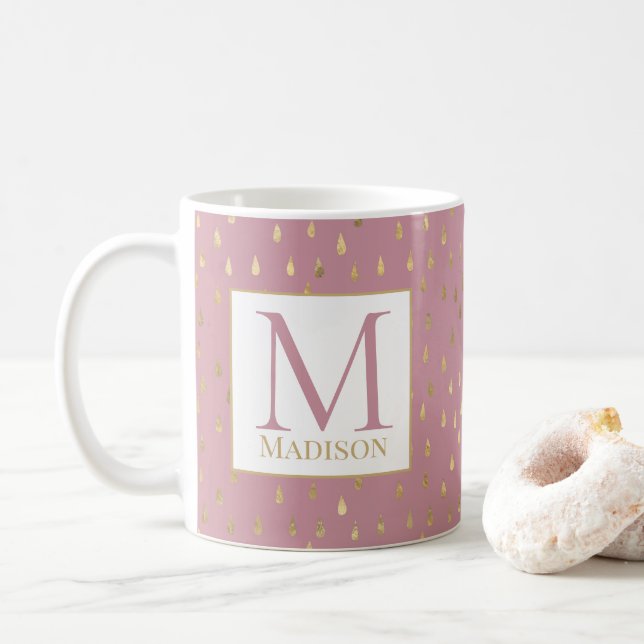 Mug Pink Gold Raindrop Moderne Monogramme tendance (Avec donut)