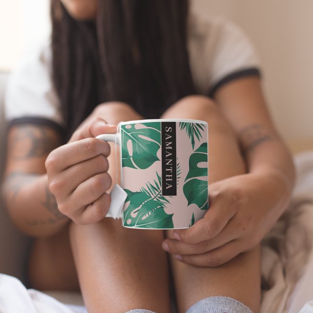 Mug Pink & Green Palm Feuille Motif & nom (Créateur téléchargé)