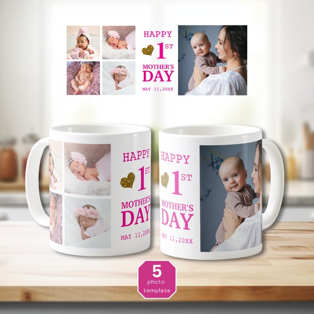 Mug Pink Happy First Mother's Day 5 Photo Collage (Pink Happy First Mother's Day 5 Photo Collage Coffee Mug
)