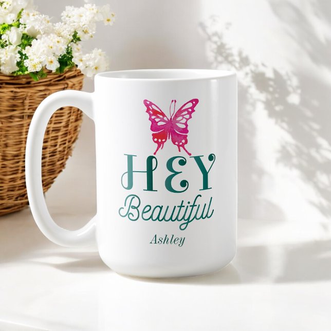Mug Pink Hey belle citation Typographie verte (Créateur téléchargé)