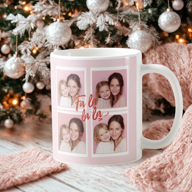 Mug Pink Modern Christmas Photo Collage | Fa La La (Créateur téléchargé)