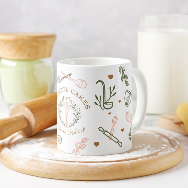 Mug Pink & Olive Green Baking & Cuisine Ustensiles Bou (Pink & Olive Green Baking & Cooking Utensil Bakery Coffee Mug)
