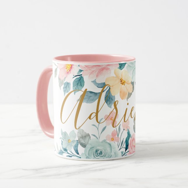 Mug Pink Pastel Flowers Aquarelle Floral Ajouter un no (Devant gauche)