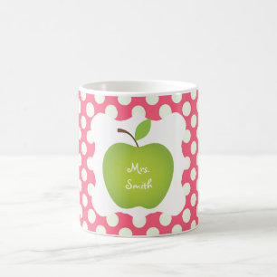 Mug Pink Polka Dot Green Apple Enseignant