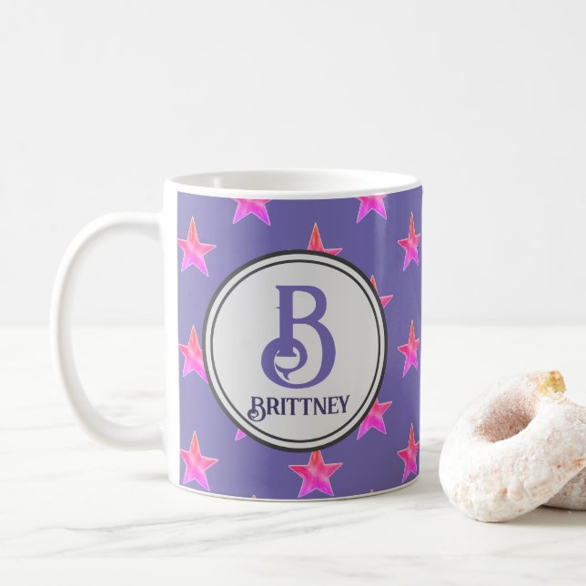 Mug Pink Purple Famille Nom initial Star Monogram (Avec donut)