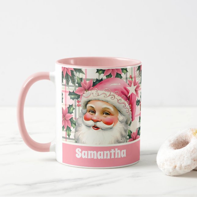 Mug Pink Retro Santa Claus Noël Floral Plaid (Avec donut)
