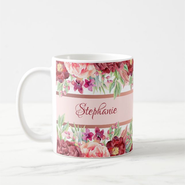 Mug Pink Stripe Bourgogne Floral Nom personnalisé (Gauche)