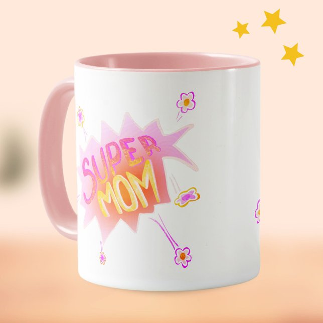 Mug Pink Super Mom Flower Comic Bubble Mother`Jour (Créateur téléchargé)