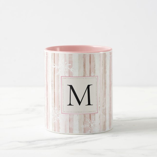 Mug Pink White Snowflakes Stripes Monogram (Centre)