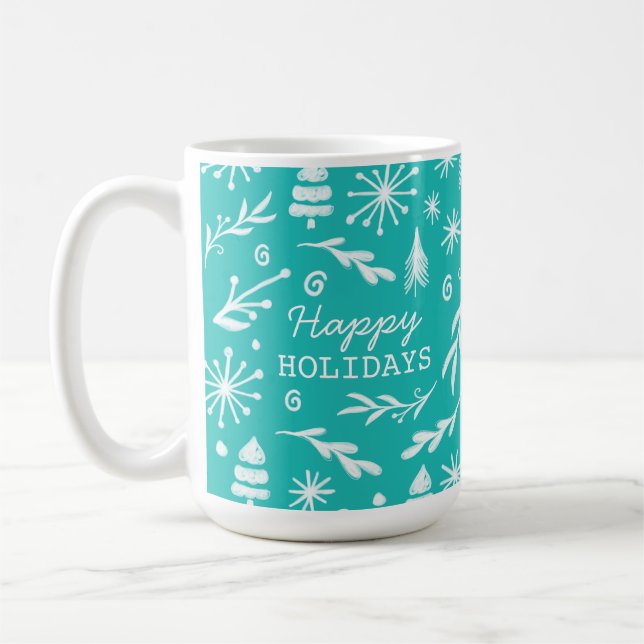 Mug Pins Festifs turquoises et rouges et flocons de ne (Gauche)