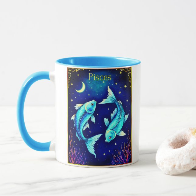 Mug Pisces Zodiac Fish Swimming in Cosmic Waters (Avec donut)