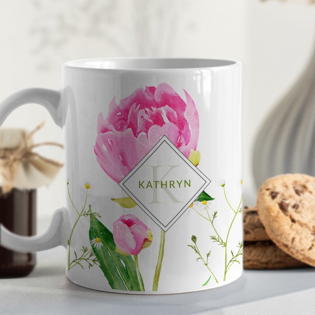 Mug Pivoine rose et monogramme illustré de marguerite (Créateur téléchargé)