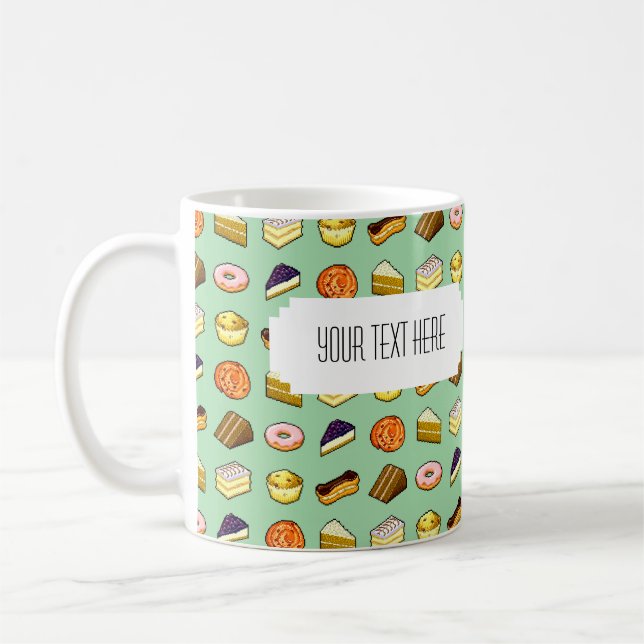 Mug Pixel Art délicieux gâteaux Motif avec Étiquette (Gauche)