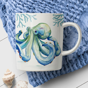 Mug Plage d'aquarelle d'octopus bleu côtier
