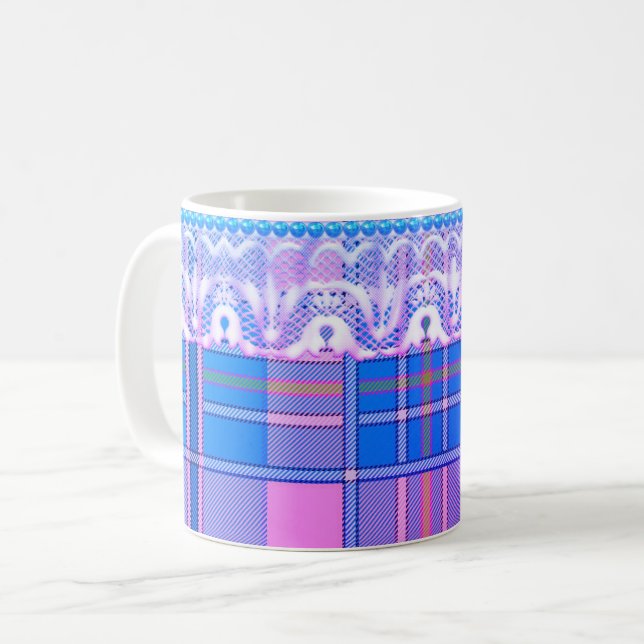 Mug Plaid et dentelle violet bleu rose rose mignon gir (Devant gauche)