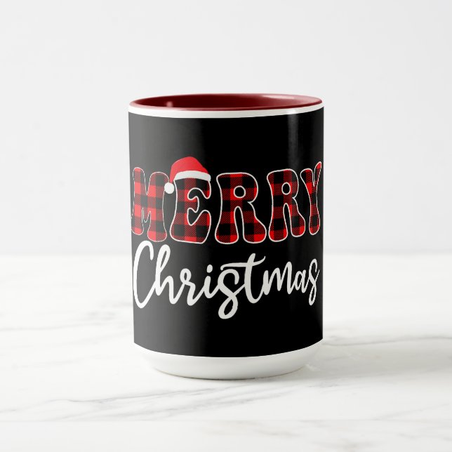 Mug Plaid MERRY Design with Santa Hat  (Centre)