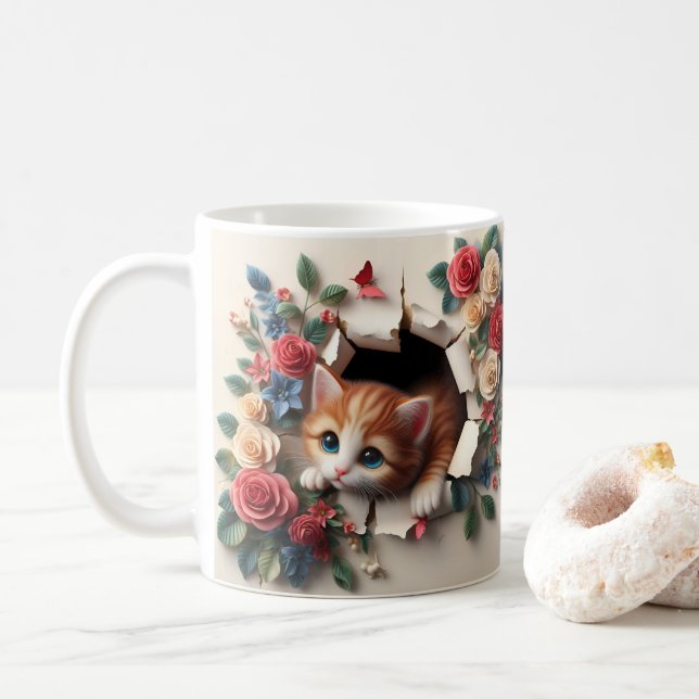 Mug Plaisir Whimsical : Trou de chaton 3D dans un mur  (Avec donut)