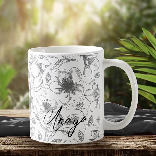 Mug Plan floral esquissé Motif gris/Wht ID939 (Créateur téléchargé)