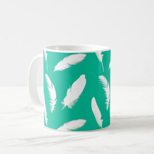 Mug Plumes blanches sur Turquoise (Devant gauche)
