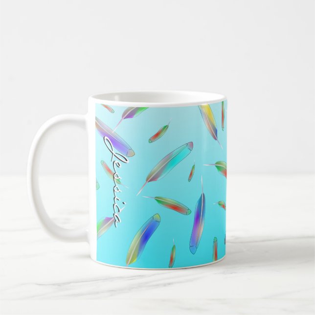 Mug Plumes colorées Motif Nom bleu Monogramme (Gauche)