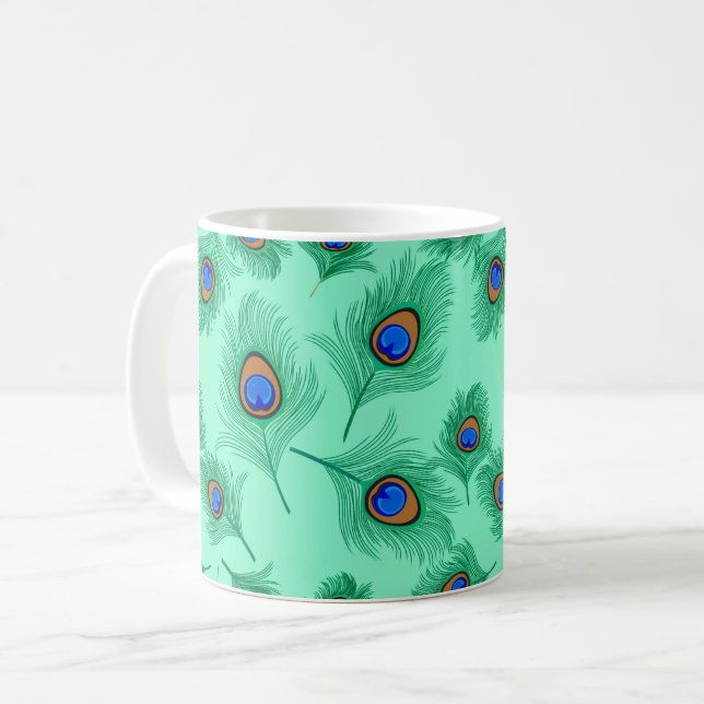 Mug Plumes de paon turquoise sur Aqua clair (Devant gauche)