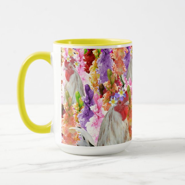 Mug Plumes et fleurs : Coq parmi les Hollyhocks (Gauche)