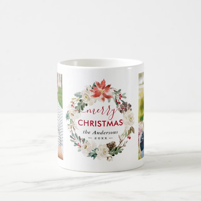 Mug Poinsettia Floral Wreath Joyeux Noël 2 Photos (Centre)