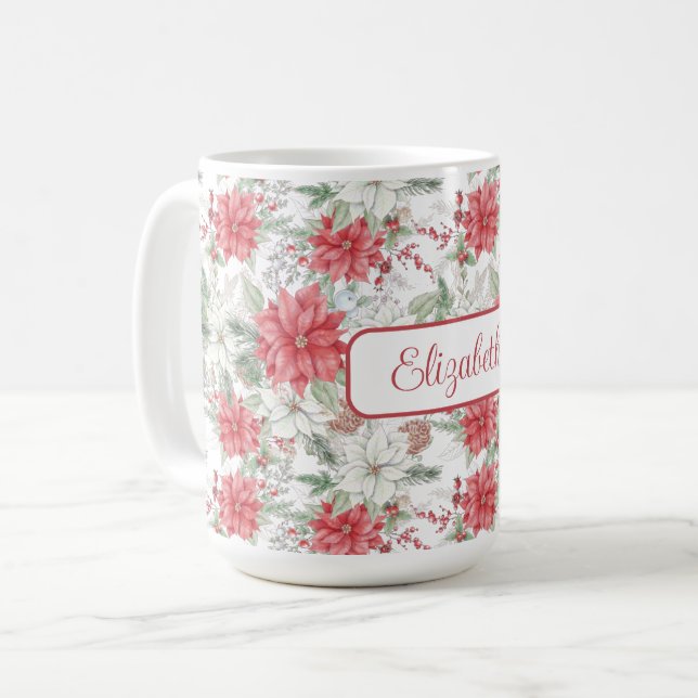 Mug Poinsettias rouge et blanc festif Monogramme (Devant gauche)