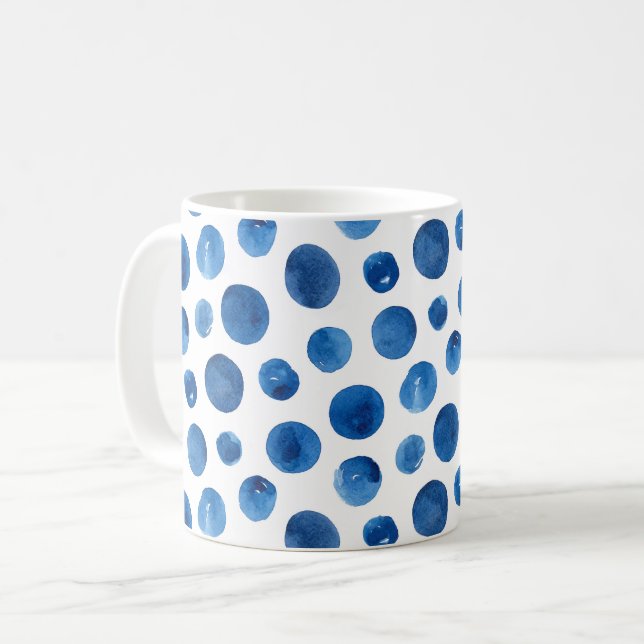 Mug Point de polka moderne bleu. Motif aquarelle de la (Devant gauche)
