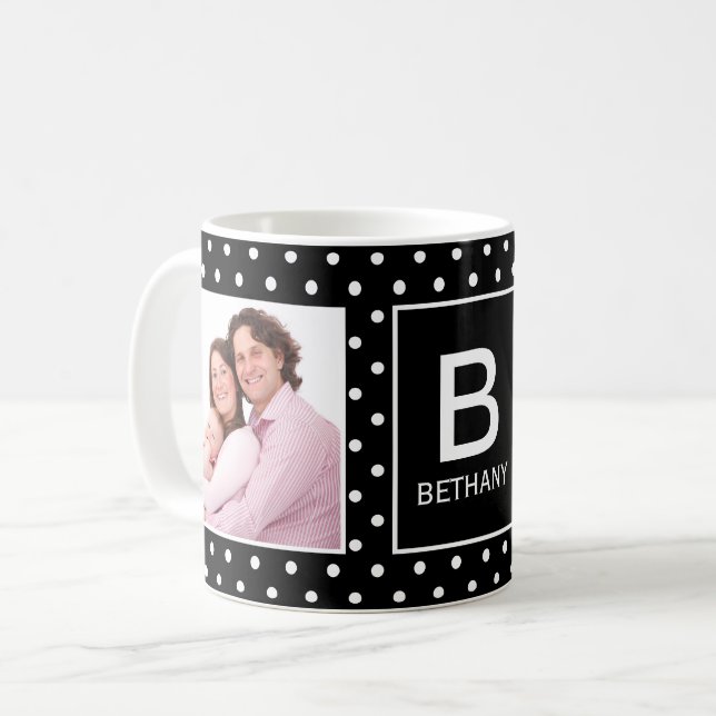 Mug Pointe Polka noir et blanc Monogramme photo person (Devant gauche)