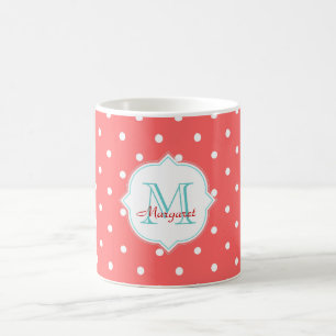 Mug Pois de turquoise et de corail de monogramme