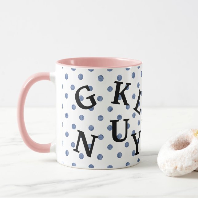 Mug Pois design moderne avec texte noir Bleu rose (Avec donut)