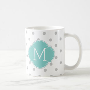 Mug Pois gris-clair moderne avec le monogramme bleu